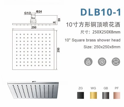 DLB10-1 10寸方形铜顶喷花洒